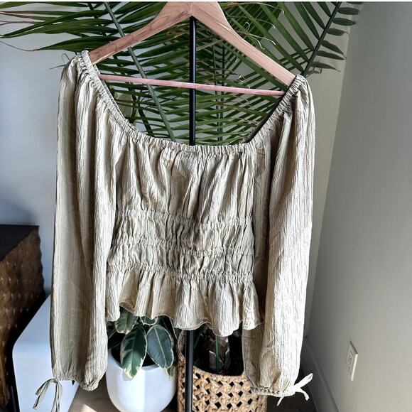 Off the Shoulder Long Sleeve Beige Peasant Top XL Smocked Boho Cottagecore - Picture 2 of 9